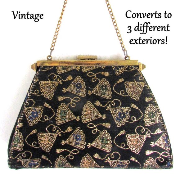 VINTAGE Handbags - VINTAGE PURSE HANDBAG, 3 DIFFERENT OUTSIDE LOOKS!  FAN DESIGN + BLACK & VELVET